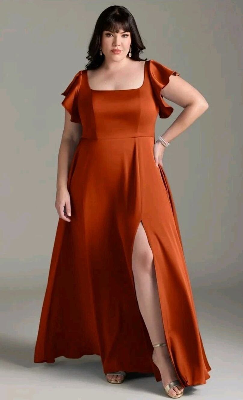 Azazie Bondi Stretch Satin Dress Size A20 Paprika Orange Square Neck Gown Maxi